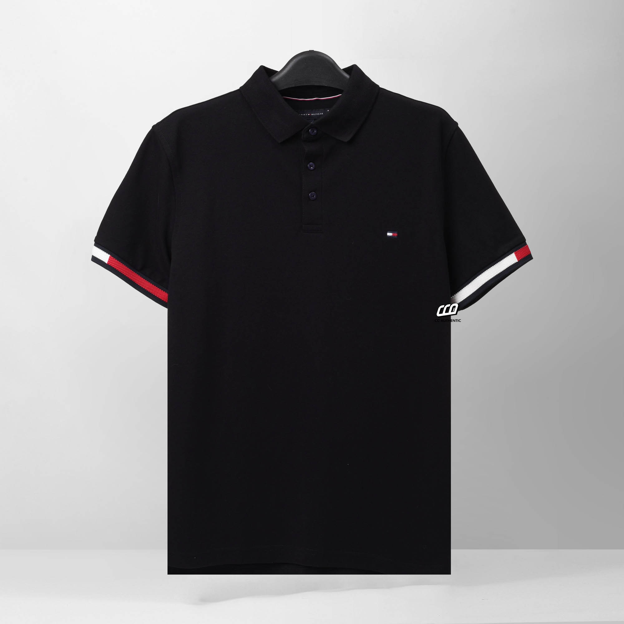 TOMMY HILFIGER FLAG CUFF POLO SHIRT - BLACK
