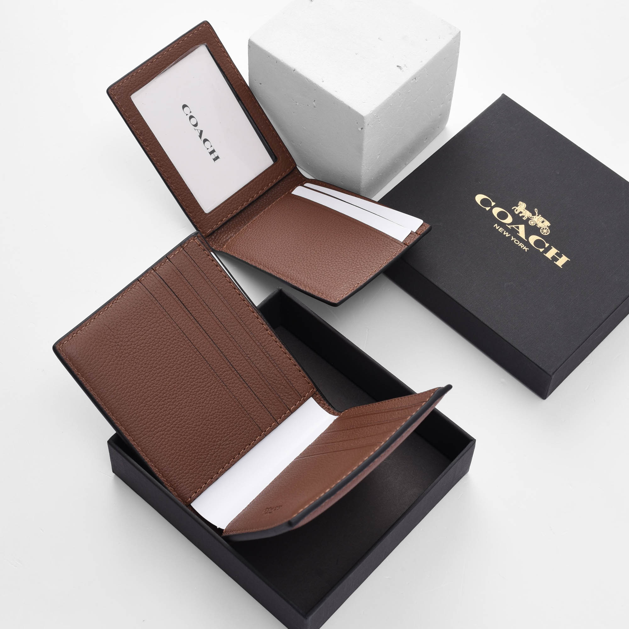 COACH CROSS LEATHER DOUBLE WALLET - BROWN